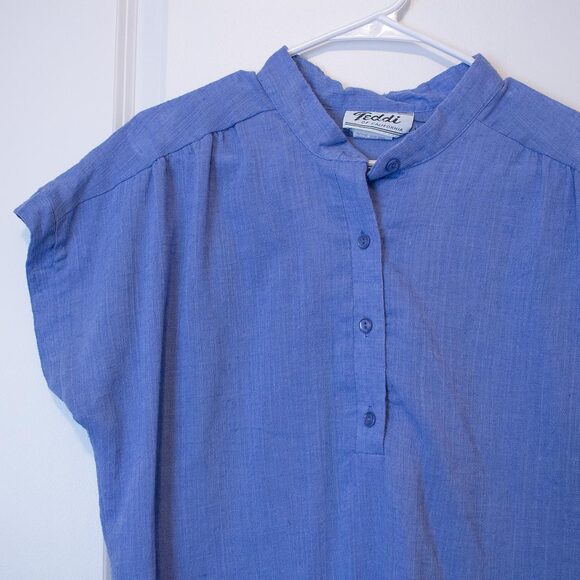 Vtg Teddi of California 2X Blue Cotton Blend Blouse Mandarin Collar Button Front - Picture 8 of 8